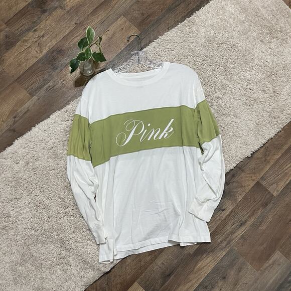 Victoria's Secret Tops - Victoria's Secret PINK Medium Green White Long Sleeve Crewneck Pullover Tee